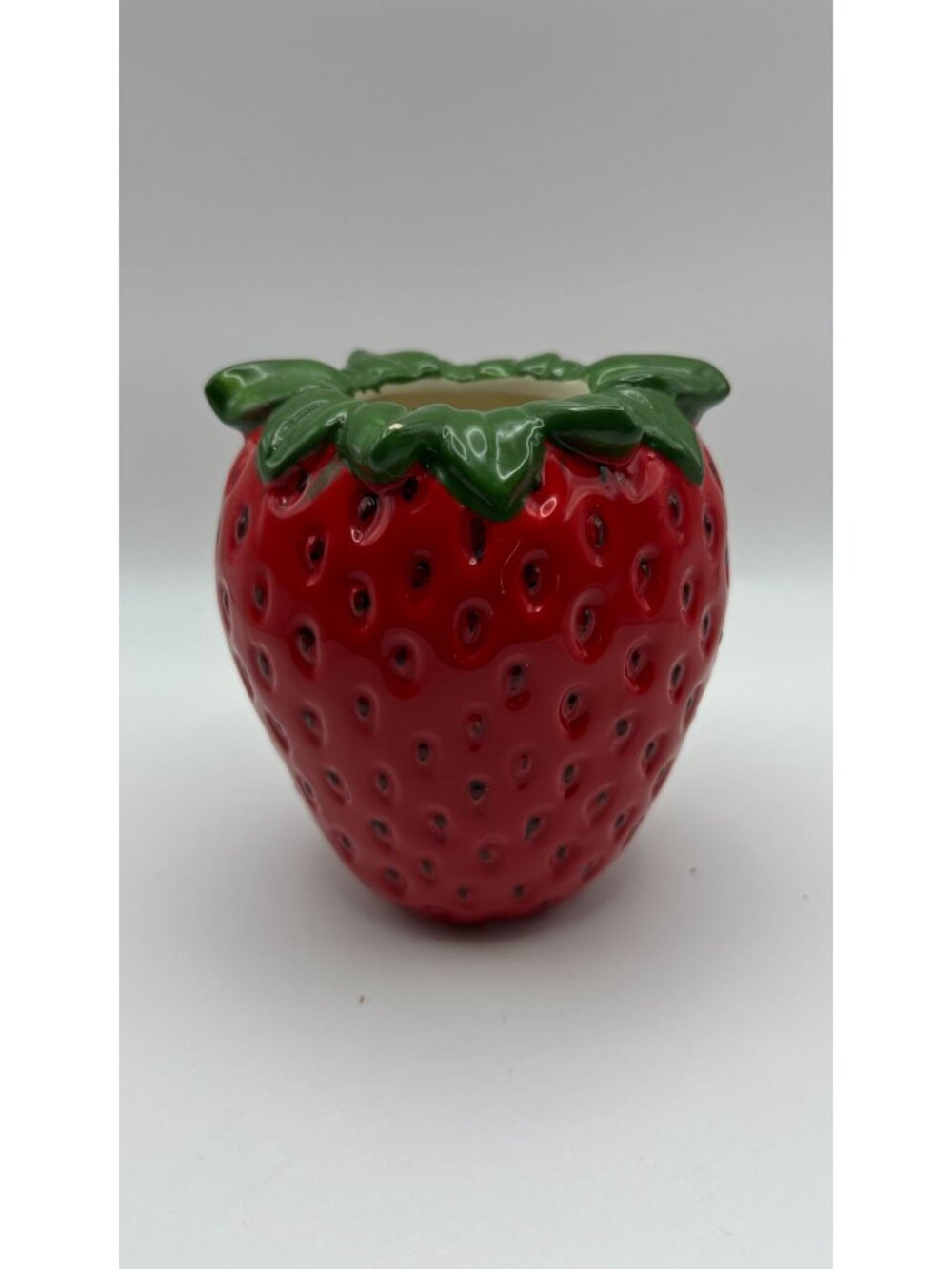 Strawberry Shaped Ceramic Vase Hand-Painted Red & Green Whimsical Fruit-Inspired - Picture 2 of 5